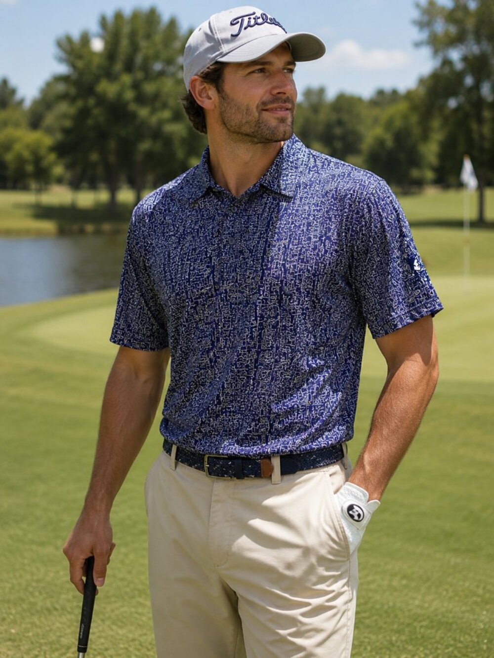 Donald Ross Sportswear Men’s Blue Abstract Print Golf Polo Shirt Size Large *